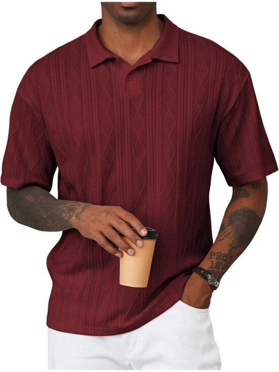 Other - Men's Burgundy Short Sleeve Casual Golf Beach Button Summer Textured Polo Shirt